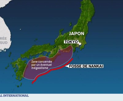 Carte de la fosse de Nankai et zone d'avertissement d'un éventuel mégaséisme (source ©TV5 Monde)