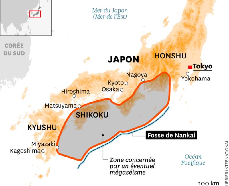 Carte de la fosse de Nankai et zone d'avertissement d'un éventuel mégaséisme (source ©Courrier International)