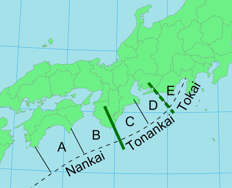 Segments et zones géographiques de la fosse de Nankai au Japon (source ©Wikipedia)