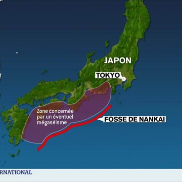 Carte de la fosse de Nankai et zone d'avertissement d'un éventuel mégaséisme (source ©TV5 Monde)